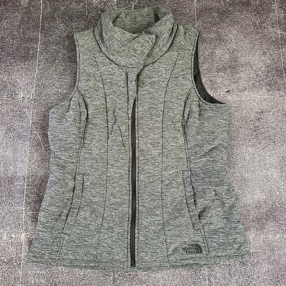 Women's The North Face Heather Gray Black Pseudio Zip Up Puffer Vest Jacket Sz L - Picture 1 of 4